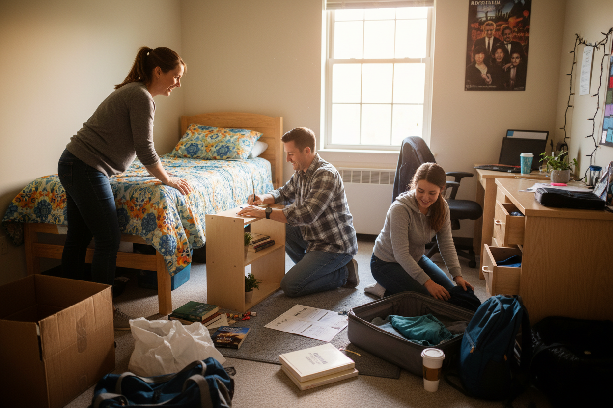 Parents inside dorm room helping Child
